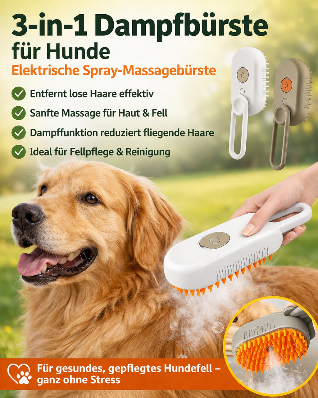 3-in-1 Hundebürste mit Dampffunktion – Fellpflege & Haarentfernung